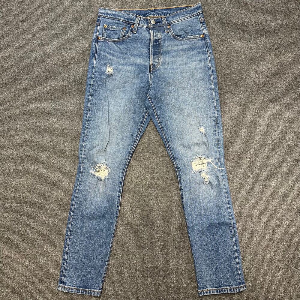 Levi’s Women’s 501s Tapered Skinny Medium Wash Distressed Denim Blue Jeans 27x28
